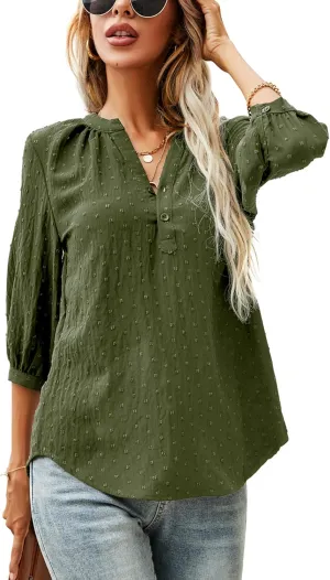 LOMON Women's Casual 3/4 Sleeve Henley V-Neck Button Up Pleated Back Blouses Swiss Dot Blouse Tops T-Shirts S-XXL