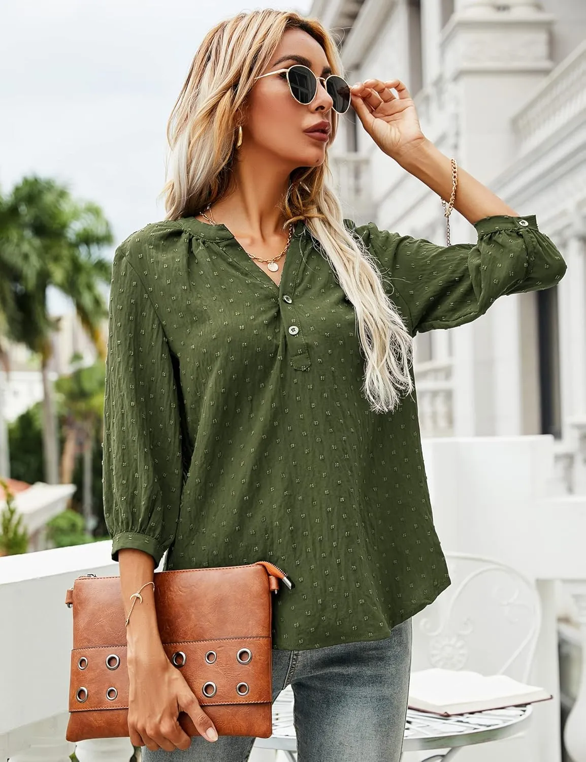 LOMON Women's Casual 3/4 Sleeve Henley V-Neck Button Up Pleated Back Blouses Swiss Dot Blouse Tops T-Shirts S-XXL