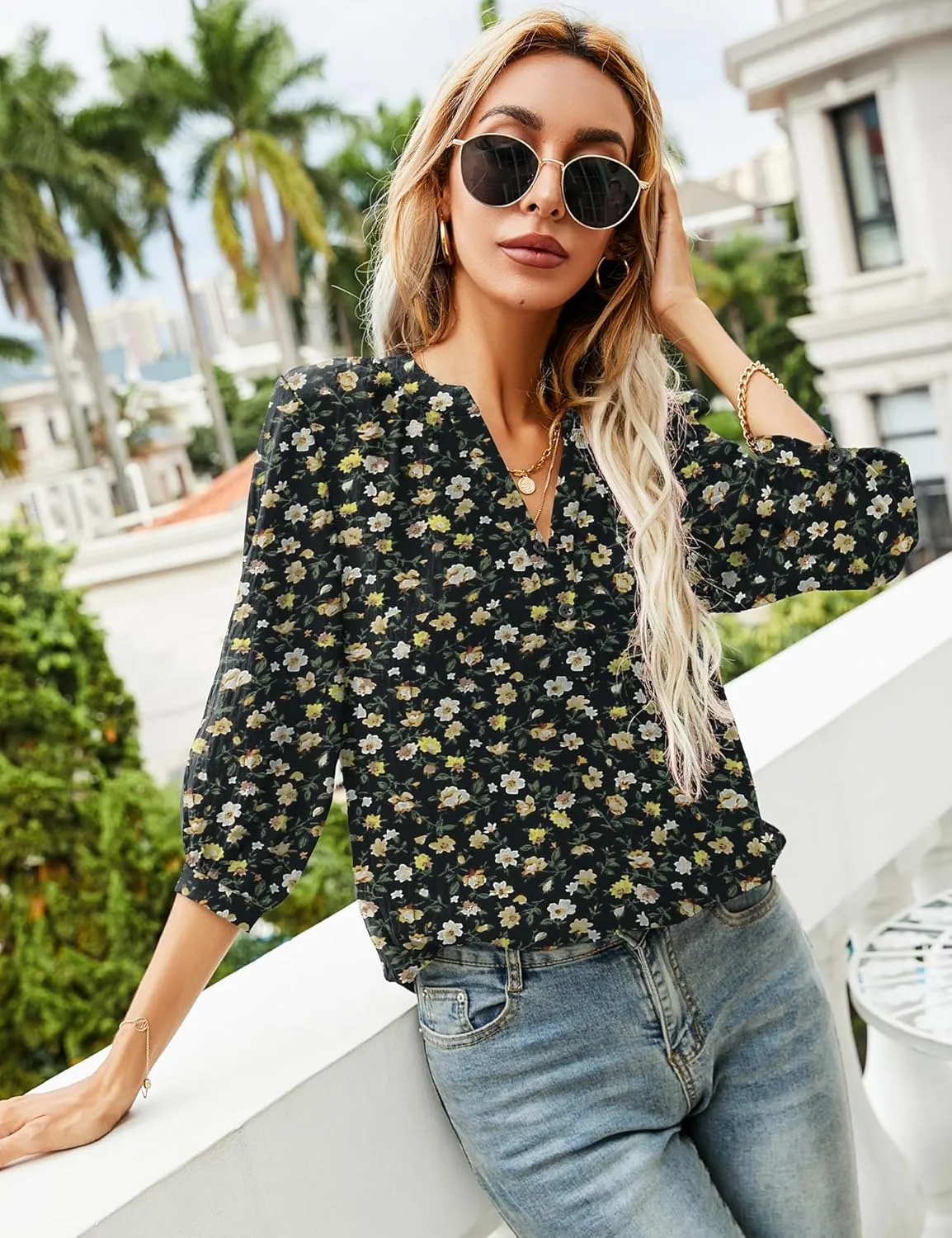 LOMON Women's Casual 3/4 Sleeve Henley V-Neck Button Up Pleated Back Blouses Swiss Dot Blouse Tops T-Shirts S-XXL
