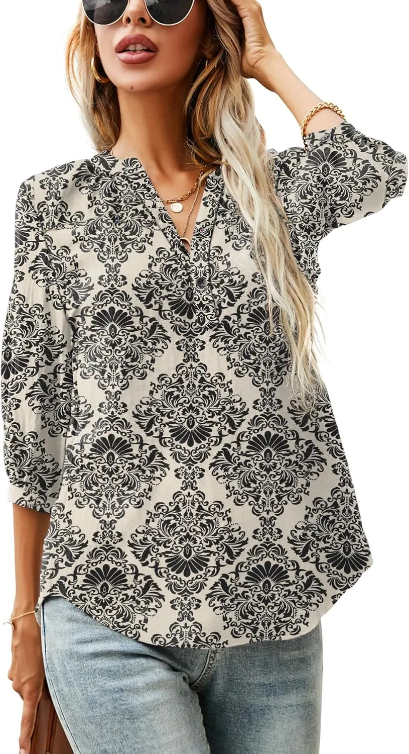 LOMON Women's Casual 3/4 Sleeve Henley V-Neck Button Up Pleated Back Blouses Swiss Dot Blouse Tops T-Shirts S-XXL