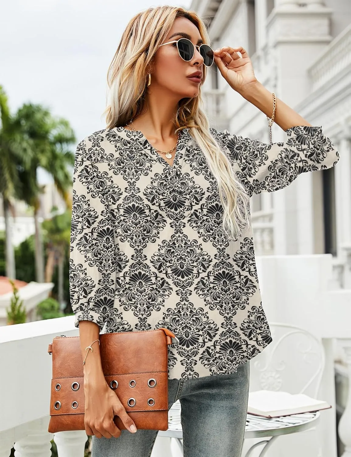 LOMON Women's Casual 3/4 Sleeve Henley V-Neck Button Up Pleated Back Blouses Swiss Dot Blouse Tops T-Shirts S-XXL