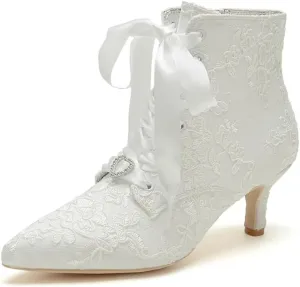 Low Heel Wedding Boots for Bride Lace Bridal Ankle Boots Wedding Shoes Bride Heels