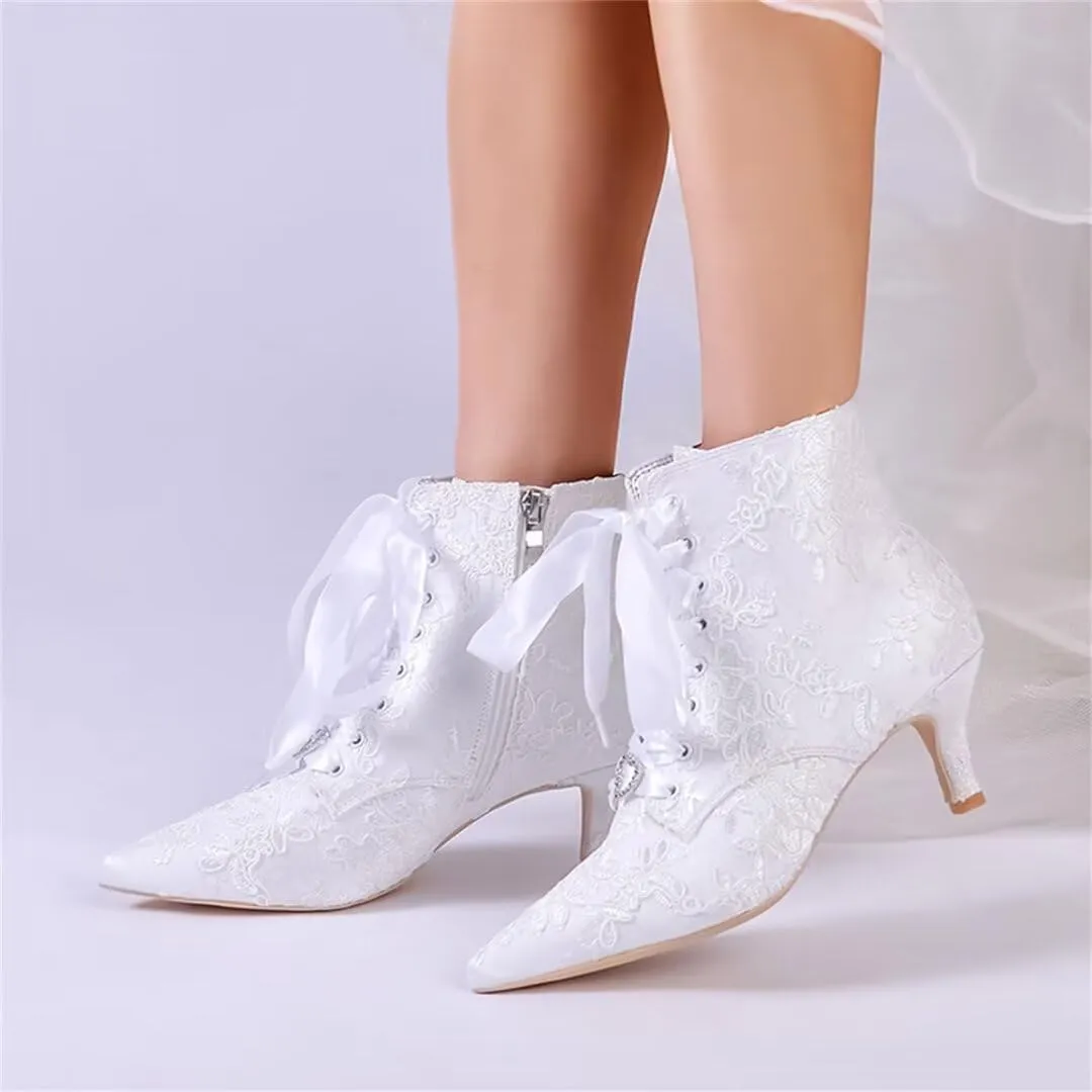 Low Heel Wedding Boots for Bride Lace Bridal Ankle Boots Wedding Shoes Bride Heels