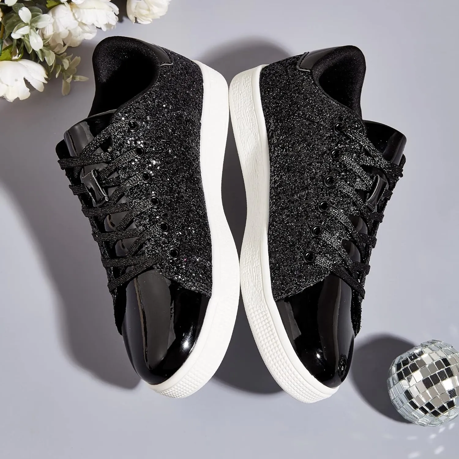 LUCKY STEP Glitter Sneakers Lace up | Fashion Sneakers | Sparkly Shoes for Women