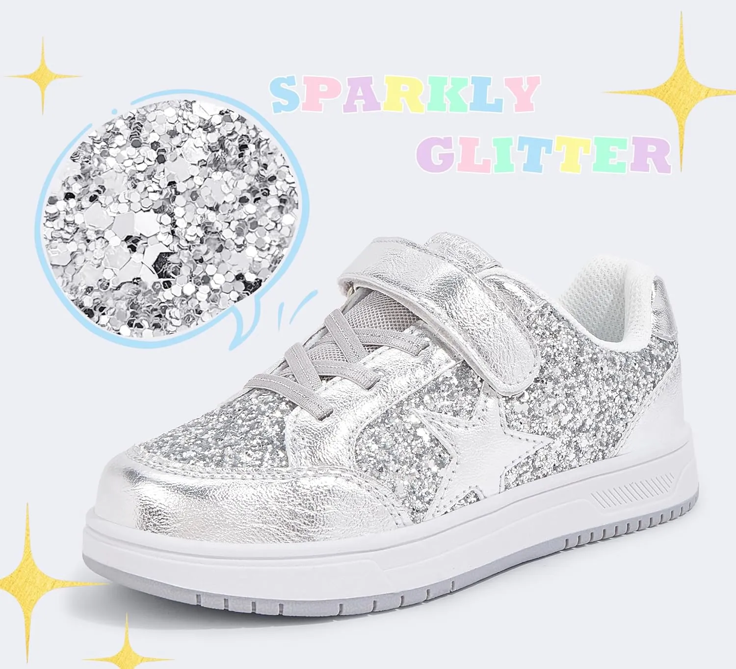 LUCKY STEP Kid's Glitter Walking Shoes Shiny Sparkly Sequins Fashion Sneakers Hook and Loop Athletic Unisex-Child Casual Running for Children/Boys/Girls