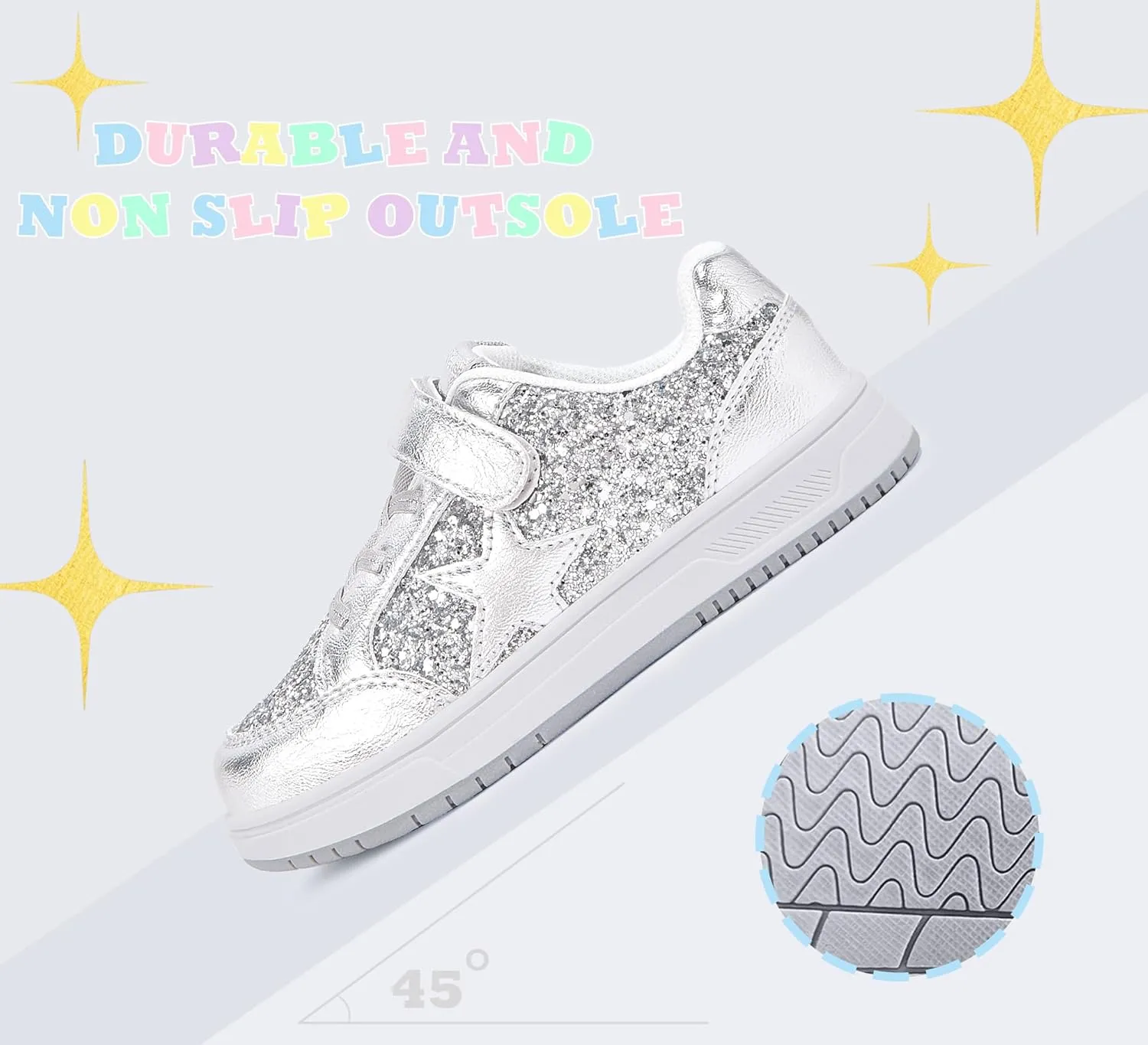 LUCKY STEP Kid's Glitter Walking Shoes Shiny Sparkly Sequins Fashion Sneakers Hook and Loop Athletic Unisex-Child Casual Running for Children/Boys/Girls