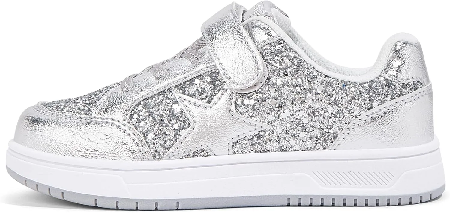 LUCKY STEP Kid's Glitter Walking Shoes Shiny Sparkly Sequins Fashion Sneakers Hook and Loop Athletic Unisex-Child Casual Running for Children/Boys/Girls