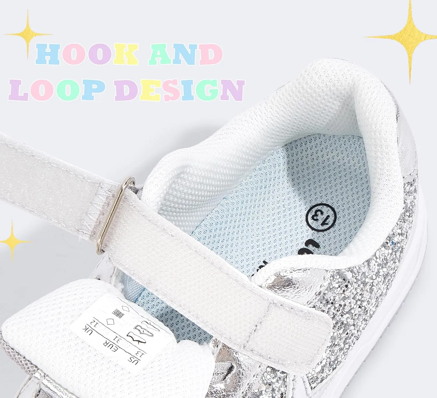 LUCKY STEP Kid's Glitter Walking Shoes Shiny Sparkly Sequins Fashion Sneakers Hook and Loop Athletic Unisex-Child Casual Running for Children/Boys/Girls