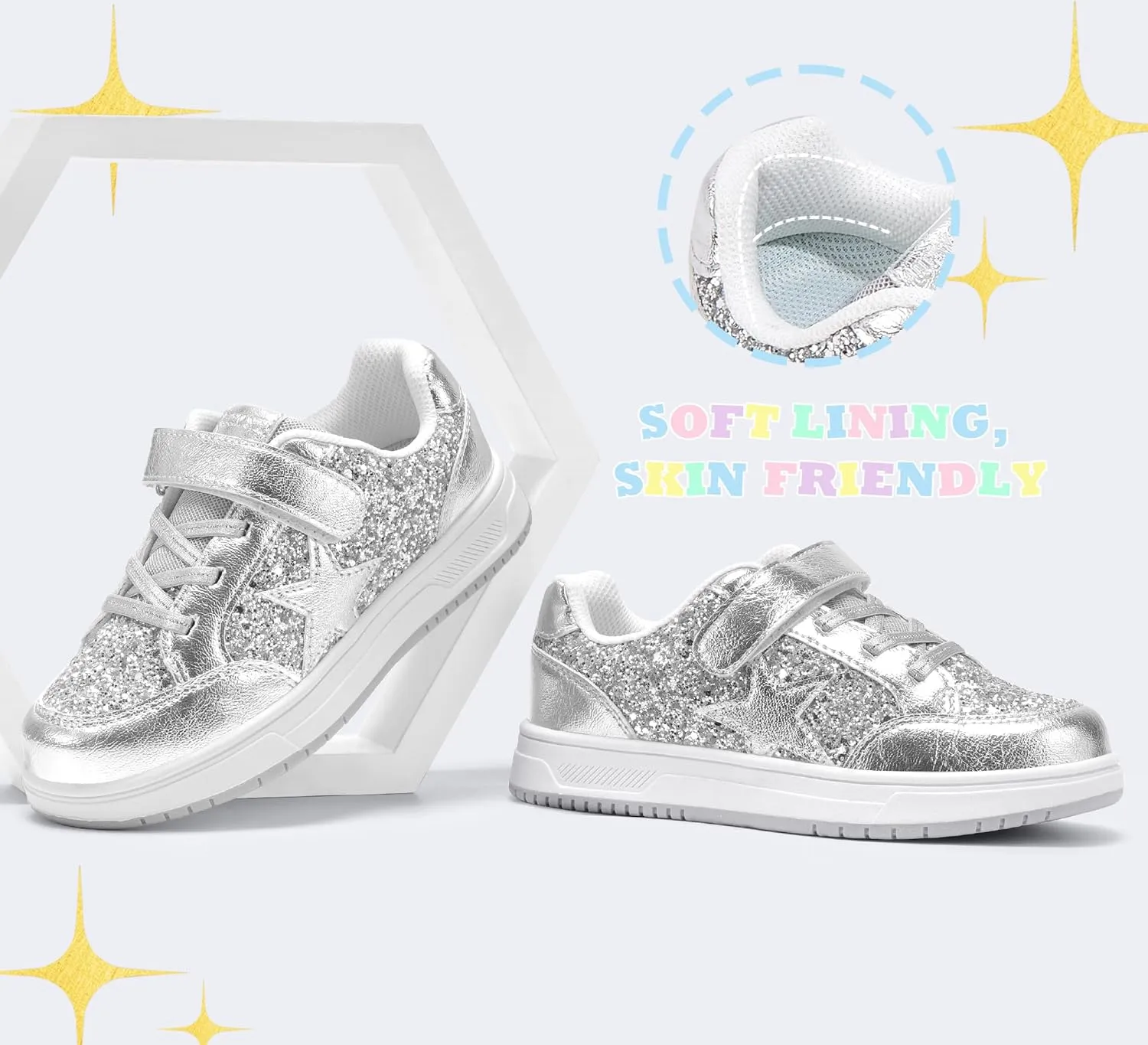 LUCKY STEP Kid's Glitter Walking Shoes Shiny Sparkly Sequins Fashion Sneakers Hook and Loop Athletic Unisex-Child Casual Running for Children/Boys/Girls