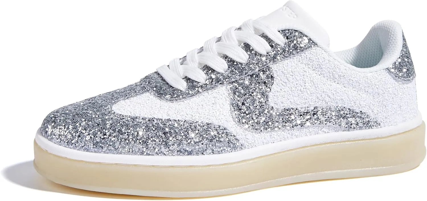 LUCKY STEP Women's Glitter Sneakers Fashion Retro Casual Sparkly Bling Shiny Dressy Bedazzled Bridal Wedding Anti Slip Walking Shoes