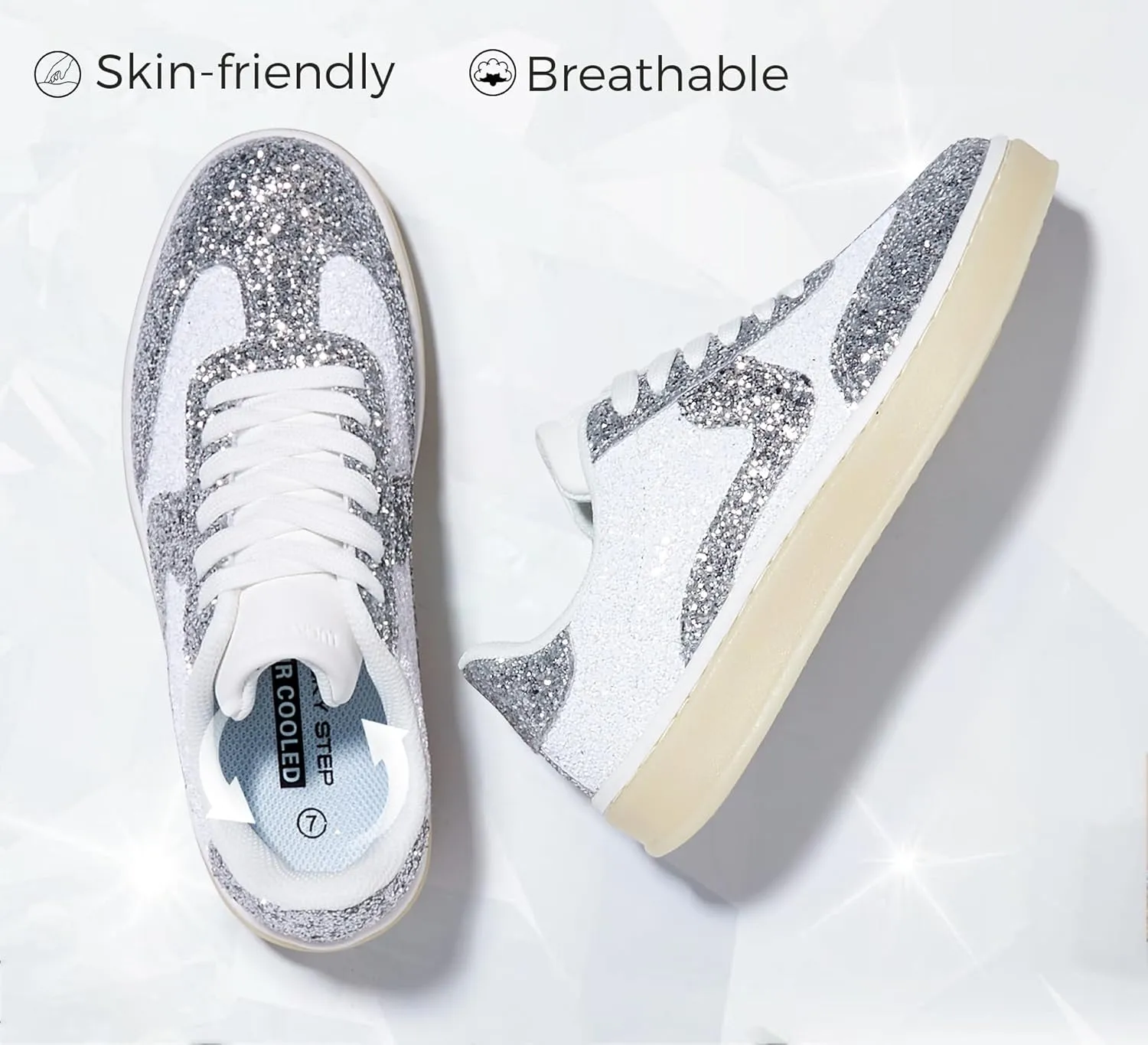 LUCKY STEP Women's Glitter Sneakers Fashion Retro Casual Sparkly Bling Shiny Dressy Bedazzled Bridal Wedding Anti Slip Walking Shoes