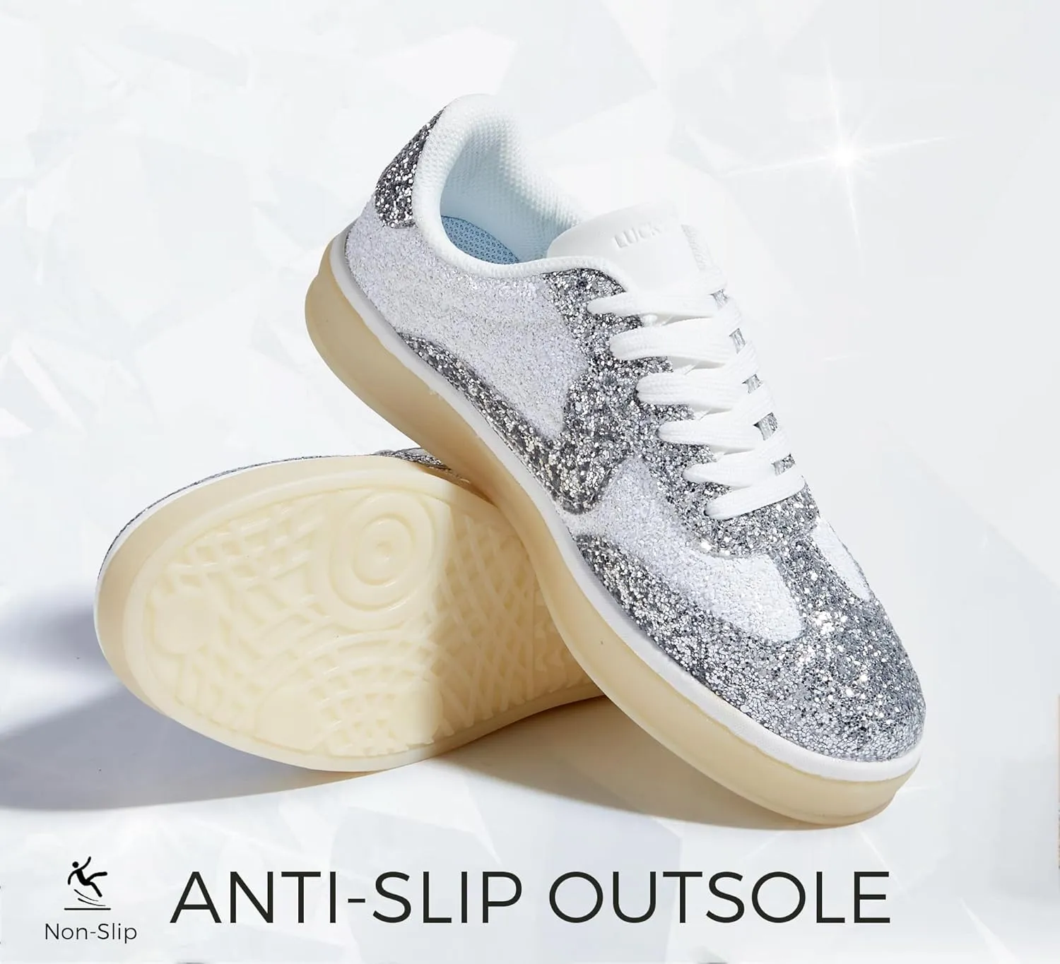 LUCKY STEP Women's Glitter Sneakers Fashion Retro Casual Sparkly Bling Shiny Dressy Bedazzled Bridal Wedding Anti Slip Walking Shoes
