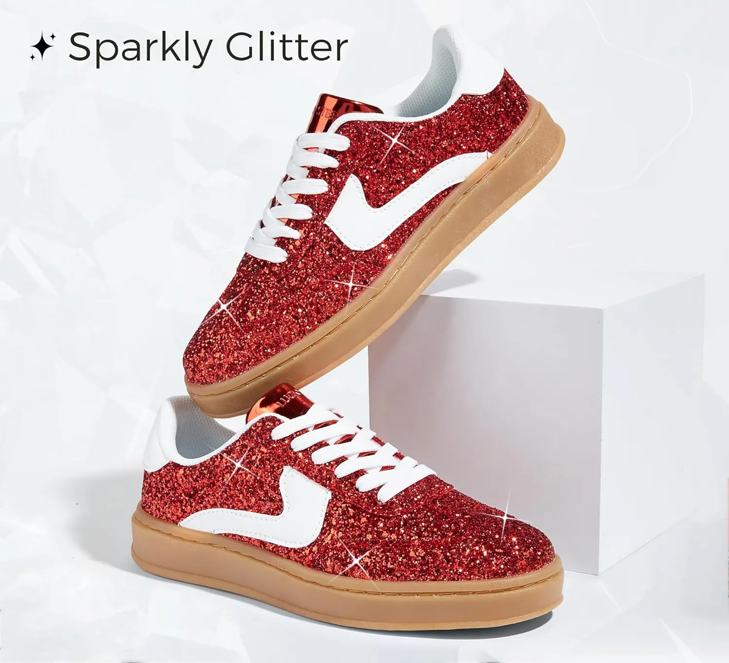 LUCKY STEP Women's Glitter Sneakers Fashion Retro Casual Sparkly Bling Shiny Dressy Bedazzled Bridal Wedding Anti Slip Walking Shoes