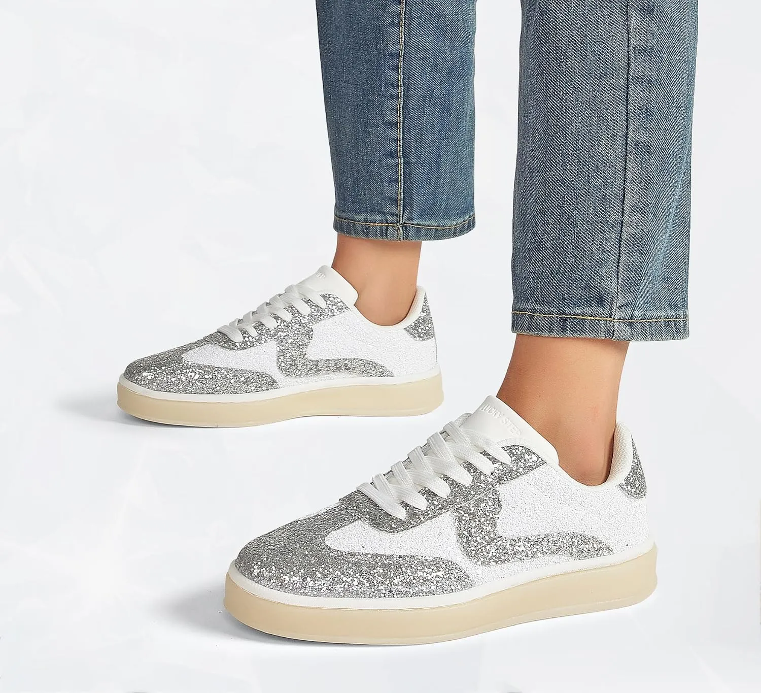 LUCKY STEP Women's Glitter Sneakers Fashion Retro Casual Sparkly Bling Shiny Dressy Bedazzled Bridal Wedding Anti Slip Walking Shoes