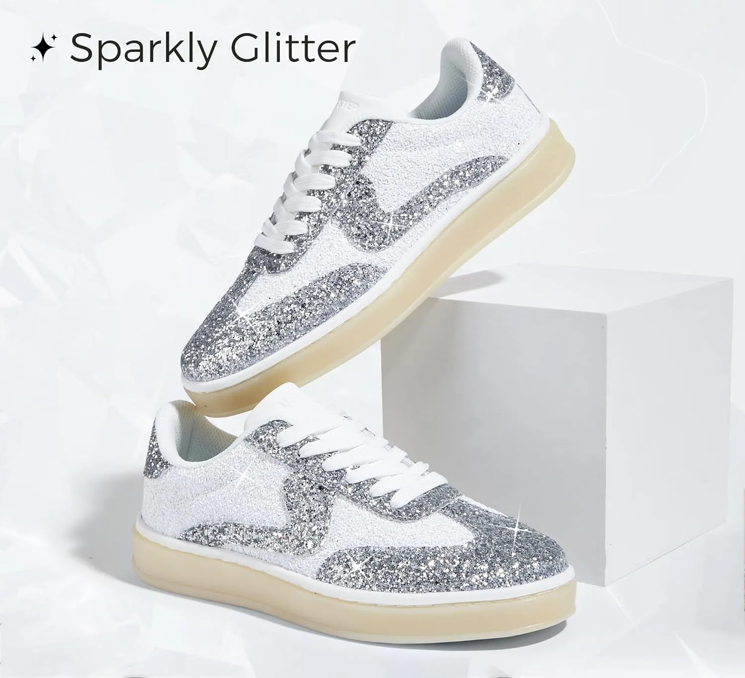 LUCKY STEP Women's Glitter Sneakers Fashion Retro Casual Sparkly Bling Shiny Dressy Bedazzled Bridal Wedding Anti Slip Walking Shoes