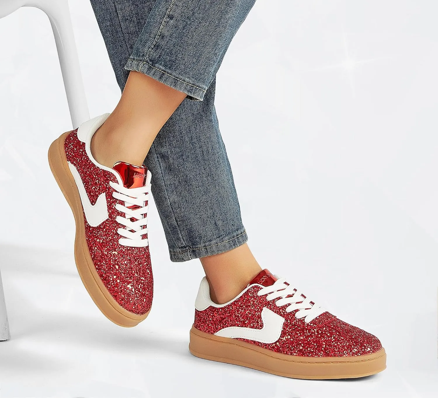 LUCKY STEP Women's Glitter Sneakers Fashion Retro Casual Sparkly Bling Shiny Dressy Bedazzled Bridal Wedding Anti Slip Walking Shoes