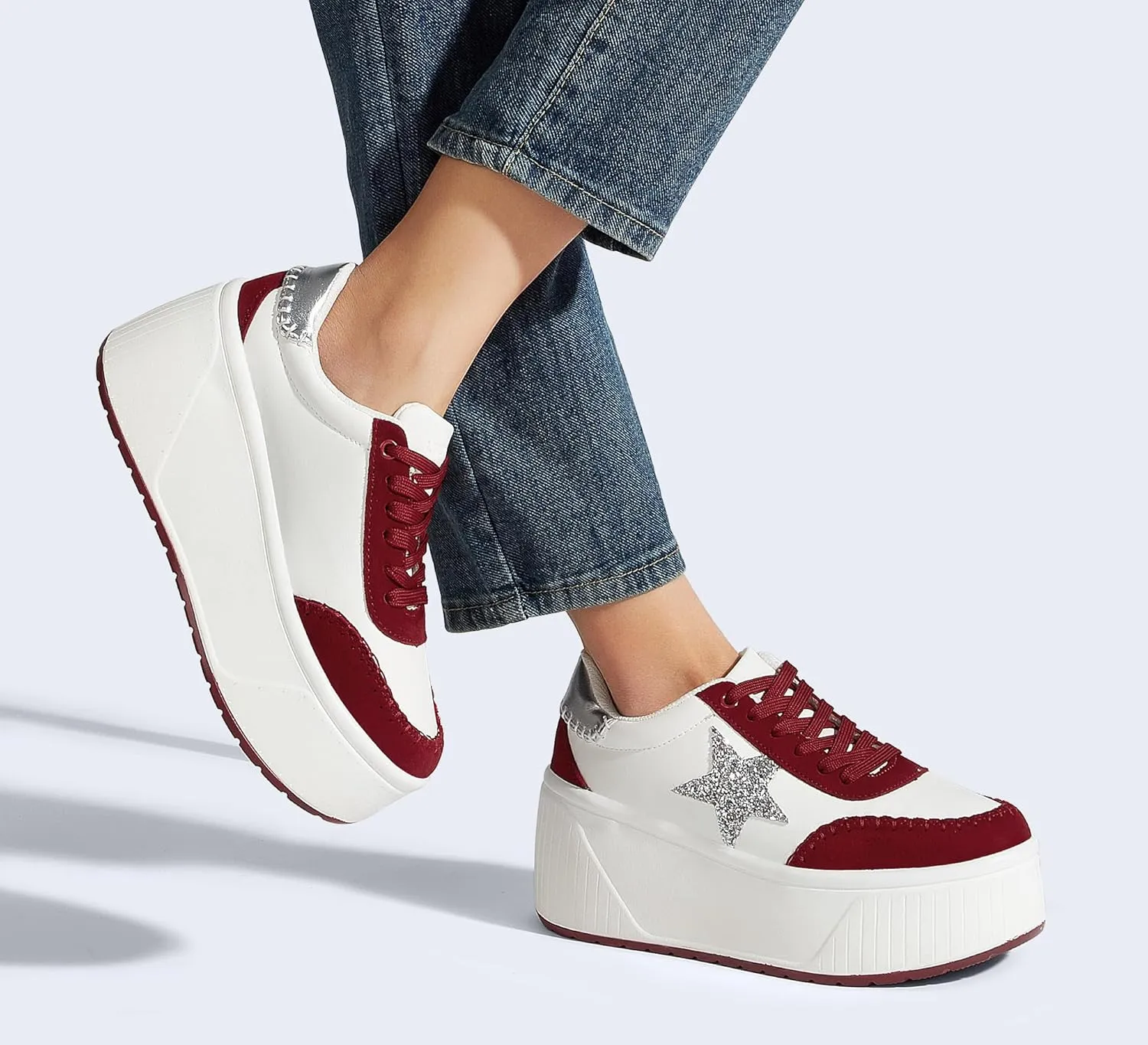 LUCKY STEP Women's Platform Chunky Sneakers Fashion Star Glitter Sparkly Wedge Walking Shoes High Heel Casual Shiny Thick Sole Footwear
