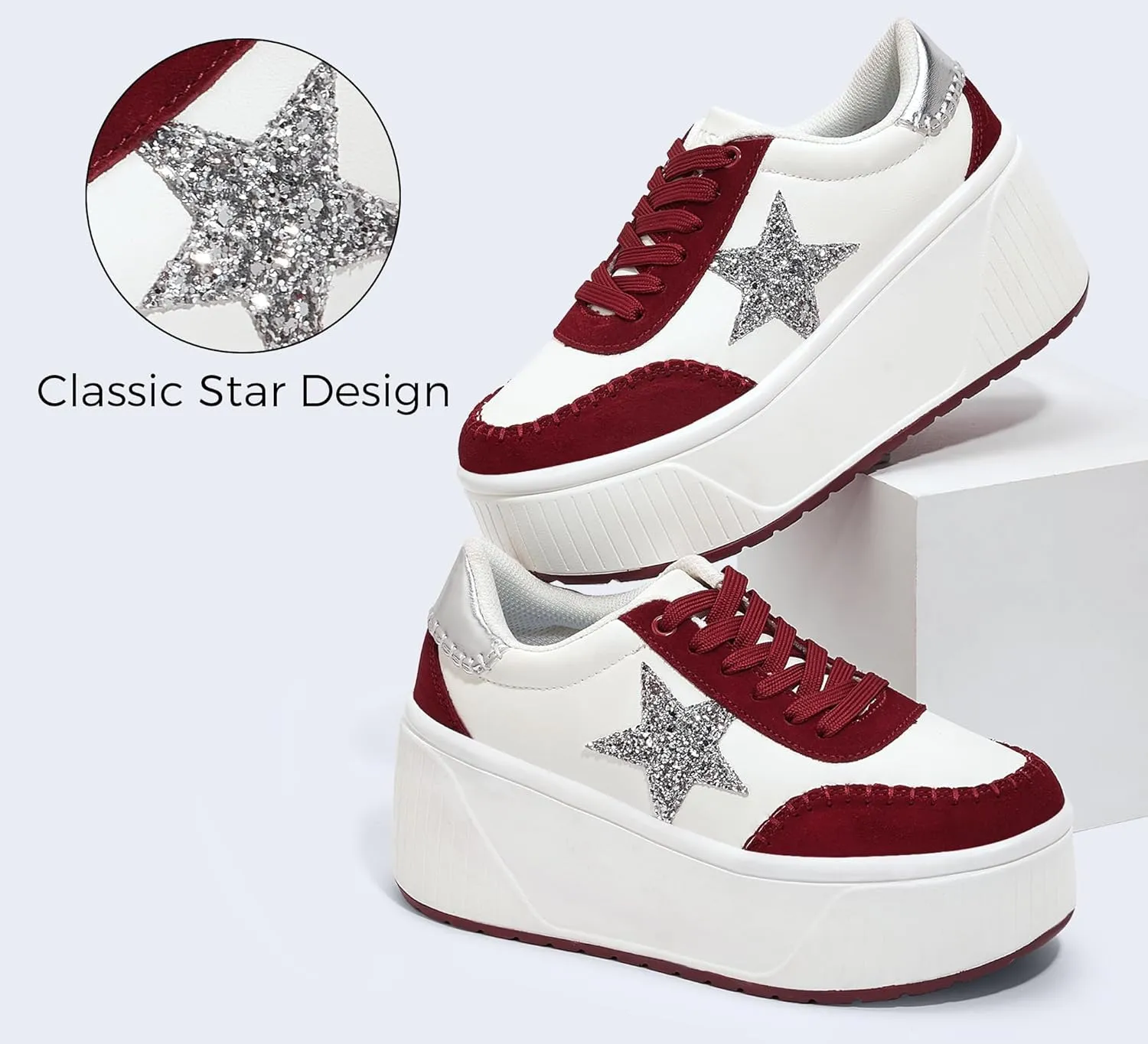 LUCKY STEP Women's Platform Chunky Sneakers Fashion Star Glitter Sparkly Wedge Walking Shoes High Heel Casual Shiny Thick Sole Footwear
