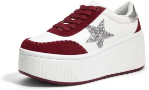 LUCKY STEP Women's Platform Chunky Sneakers Fashion Star Glitter Sparkly Wedge Walking Shoes High Heel Casual Shiny Thick Sole Footwear