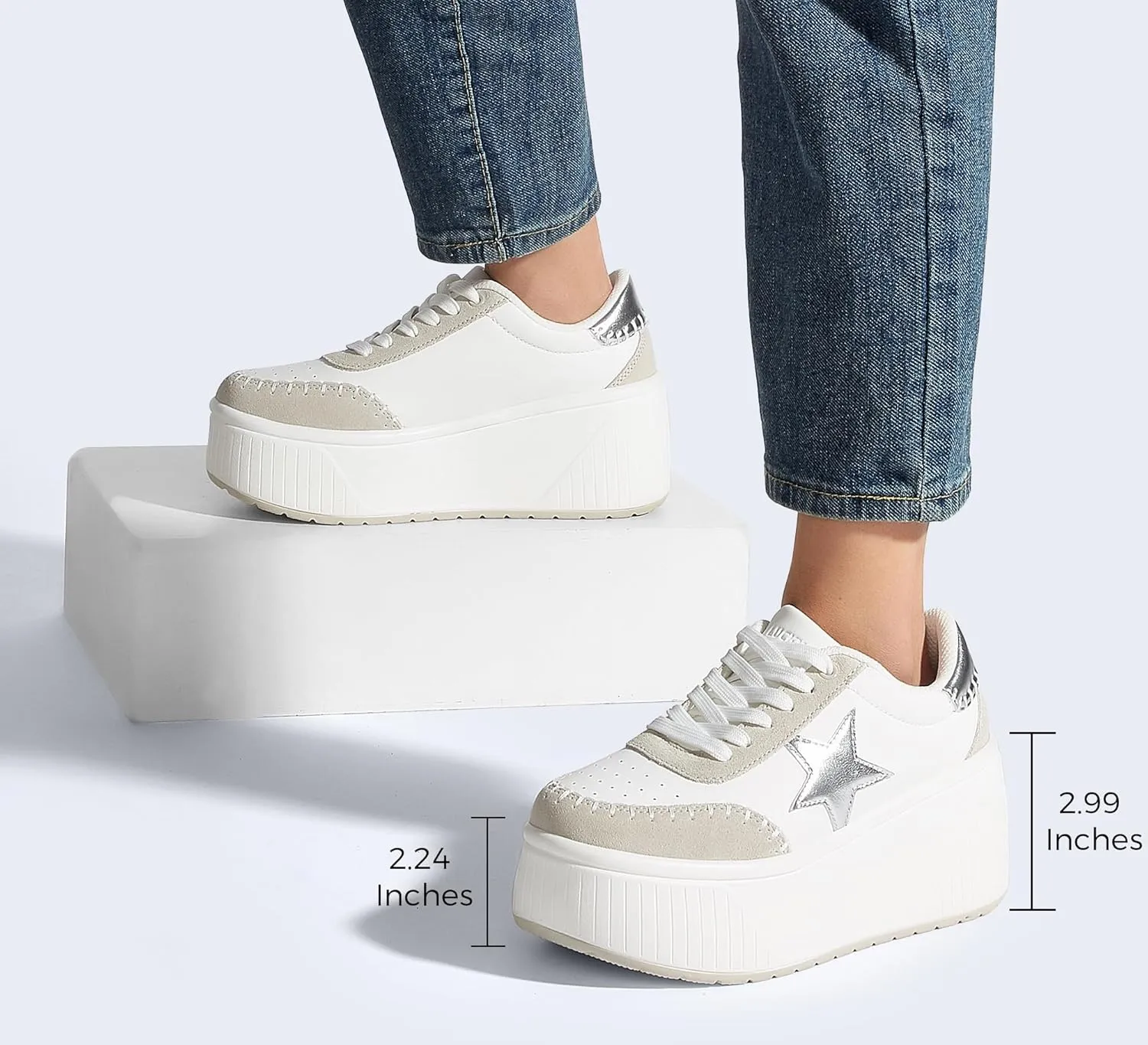 LUCKY STEP Women's Platform Chunky Sneakers Fashion Star Glitter Sparkly Wedge Walking Shoes High Heel Casual Shiny Thick Sole Footwear