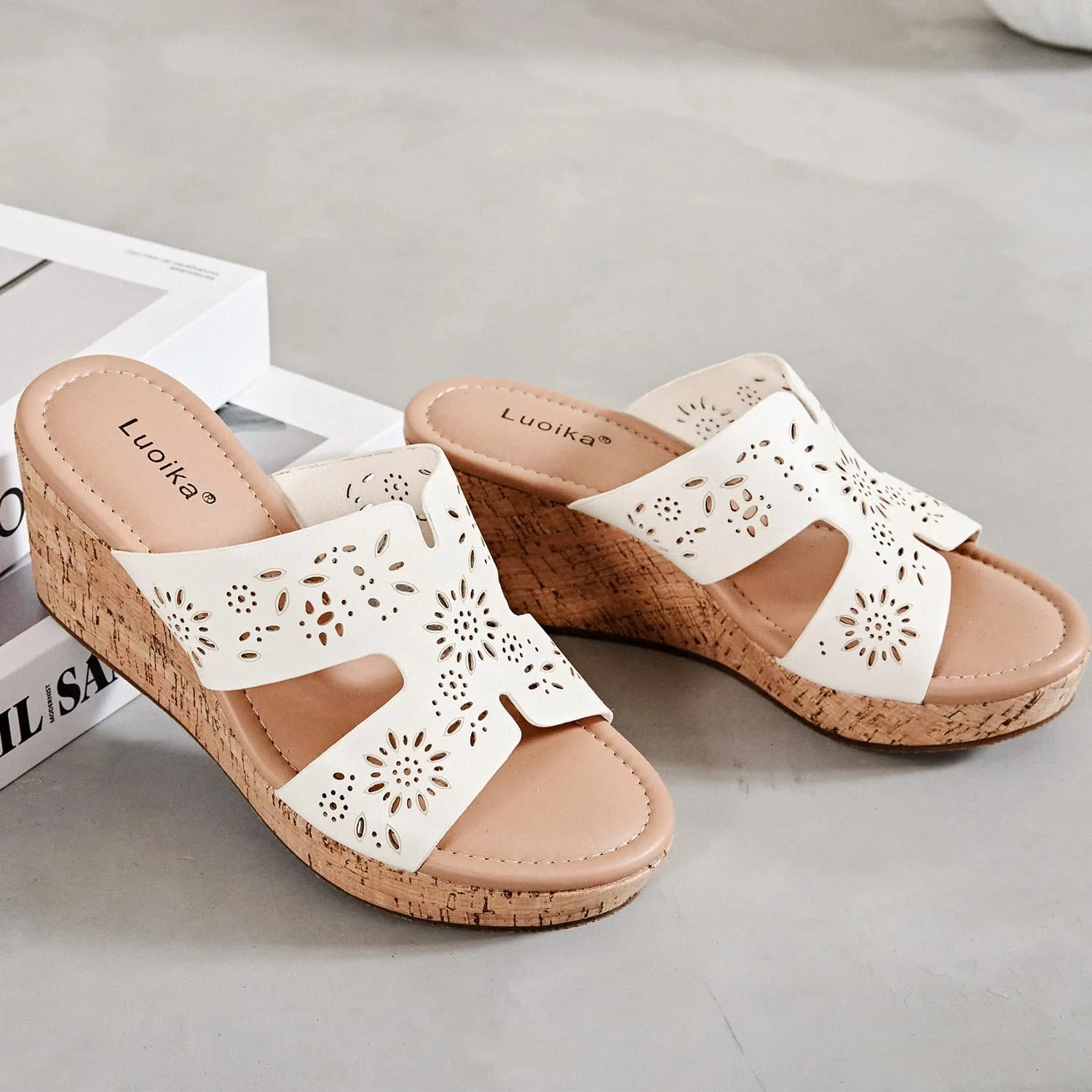 Luoika Women's Wide Width Wedge Slides Sandals, Slip on Plateform Wedge Pump Heel Casual Summer Sandals for Women.