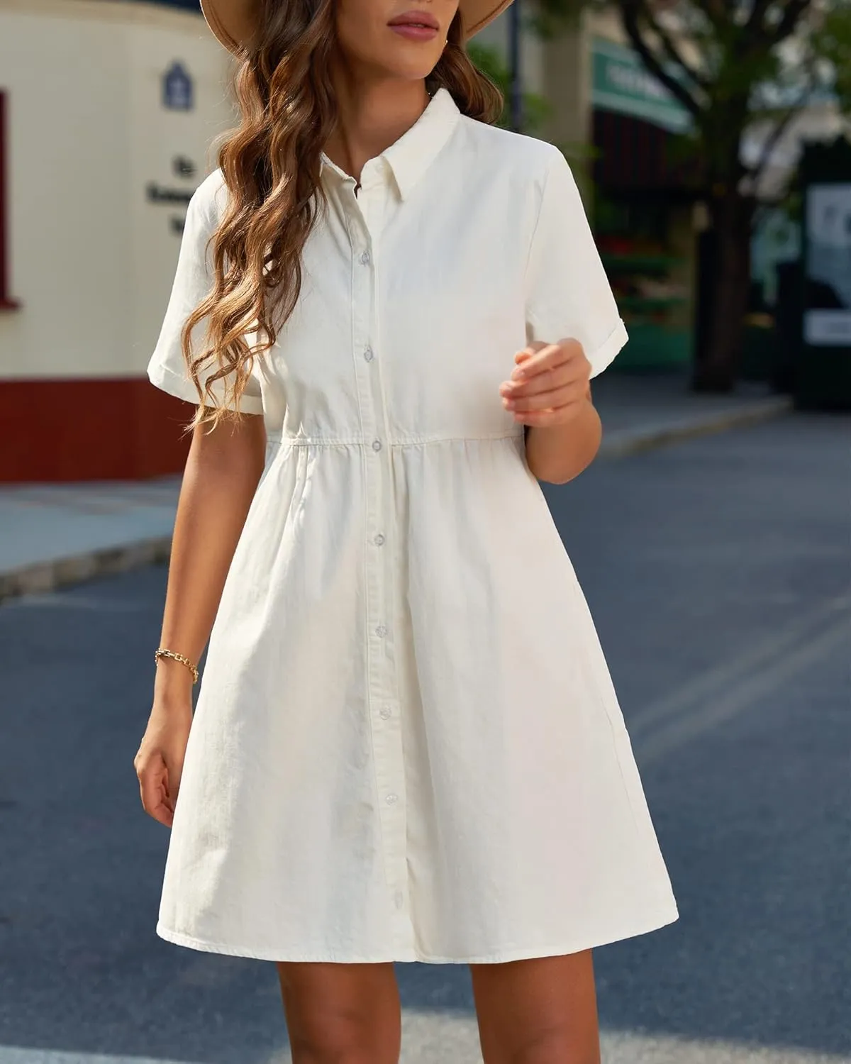 luvamia Women's Casual Short Sleeve Button Down Tiered Denim Babydoll Jean Dress