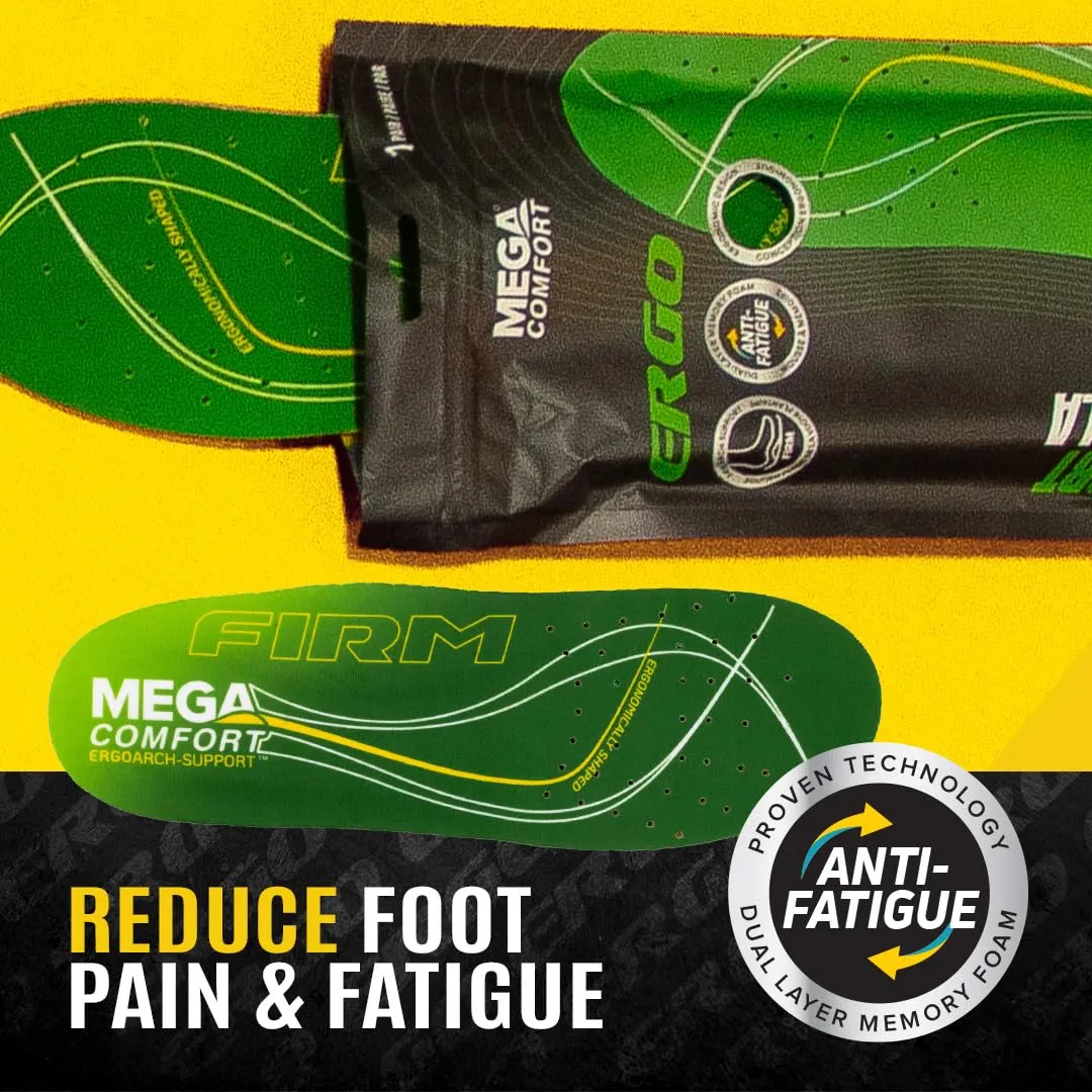 MEGAComfort Arch Support Firm Insoles for Women and Men - Anti-Fatigue Memory Foam for Work Shoes, Boots and Steel Toe