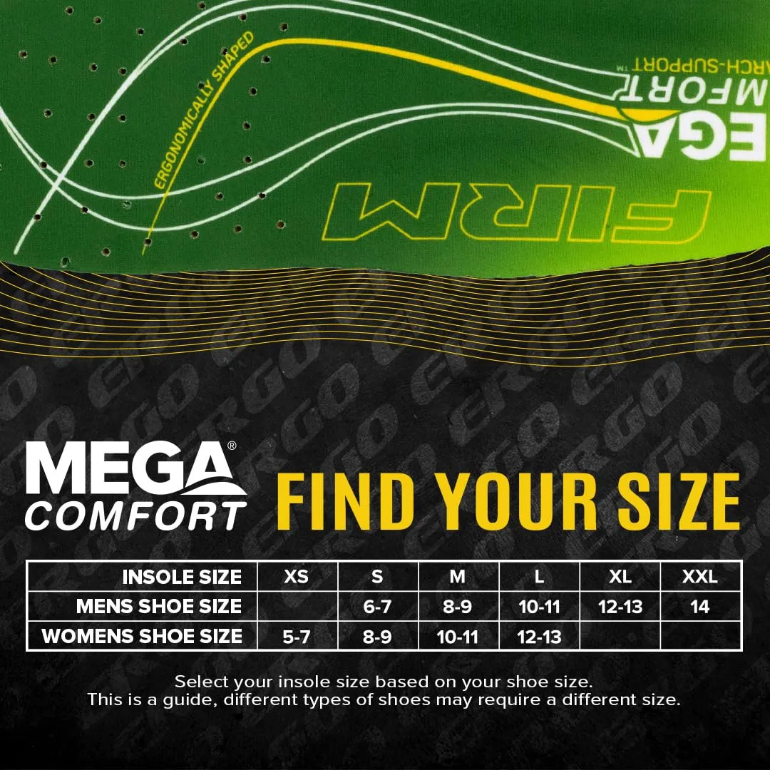 MEGAComfort Arch Support Firm Insoles for Women and Men - Anti-Fatigue Memory Foam for Work Shoes, Boots and Steel Toe