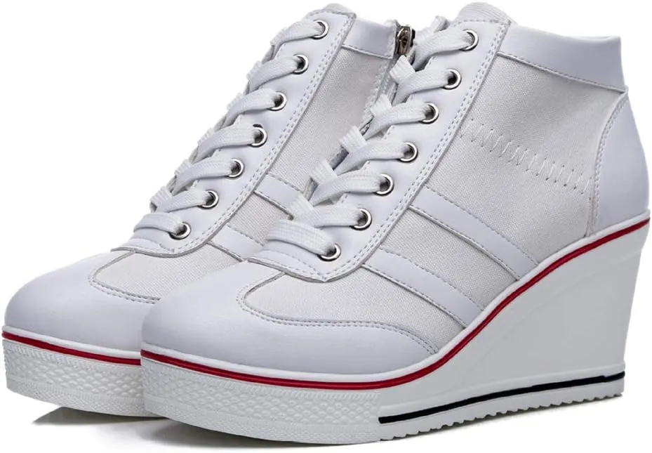Mei MACLEOD Women Wedge Sneakers Platform Wedge High Heel Sneakers Ankle Booties Casual Canvas Shoes