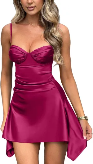 Memoriesea Women's Satin Sleeveless Spaghetti Strap Ruched Sexy Mini Club Party Dress