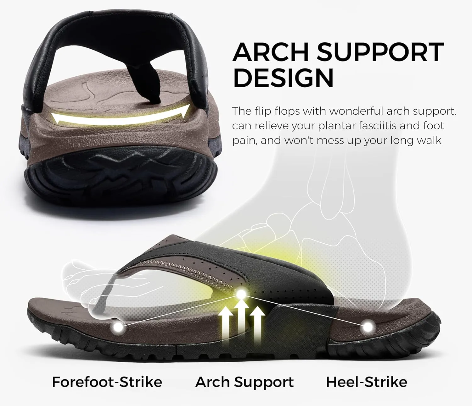 Mens Arch Support Walking Flip Flops Durable Comfort Outdoor Thong Sandals for Men Non Slip Summer Beach Sandals