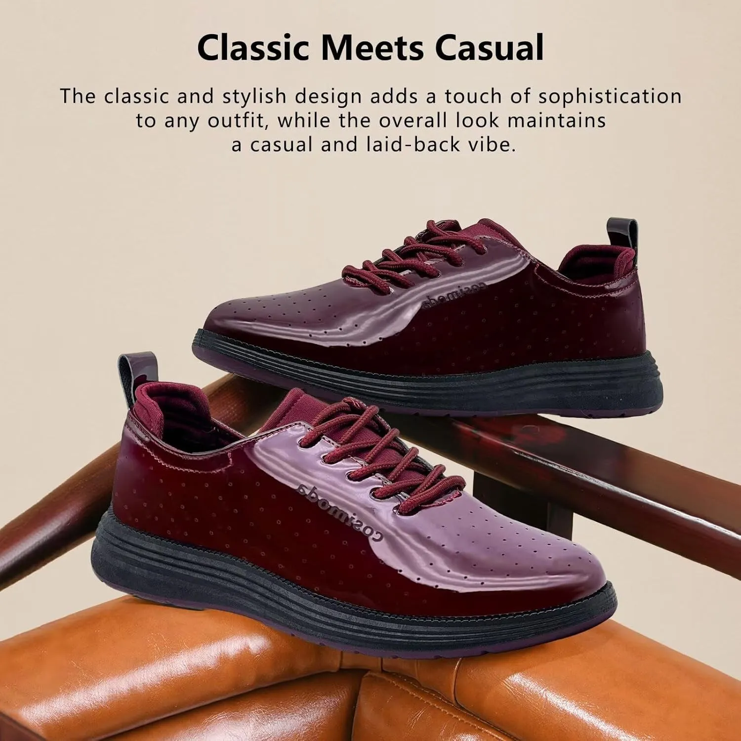Men's Dress Shoes Patent Leather Tuxedo Shiny Glossy Wide Width Sneakers Casual Business Tennis Black Burgundy