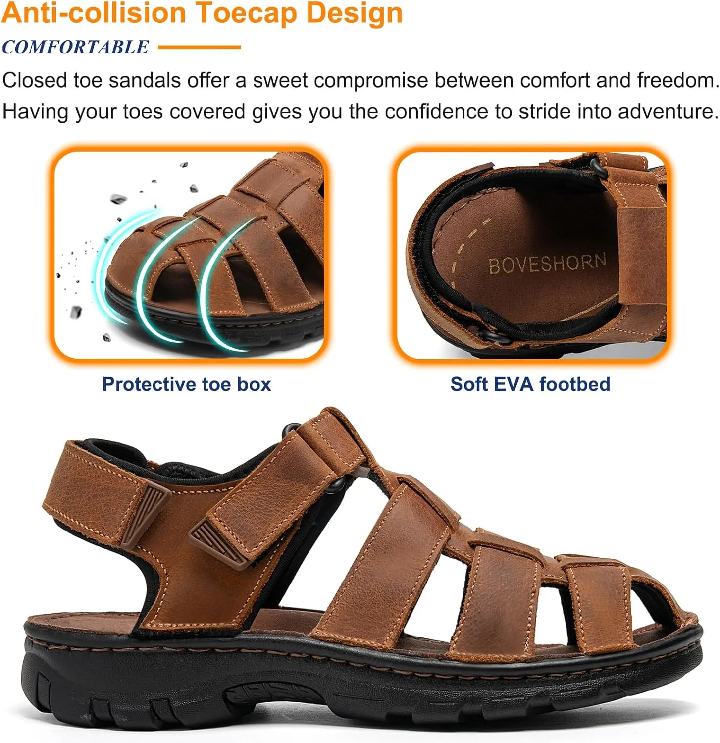Mens Fisherman Leather Closed Toe Sandals Walking Dress Casual Sandalias Whith Memory Foam Summer Outdoor Athletic Adjustable Comfortable