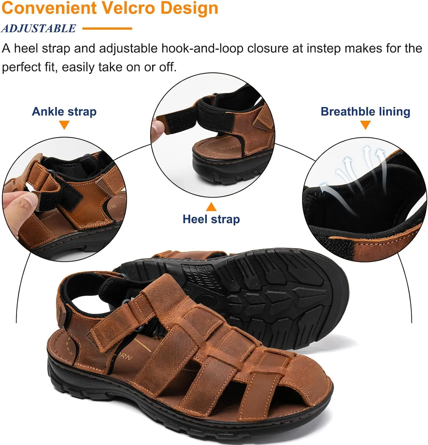 Mens Fisherman Leather Closed Toe Sandals Walking Dress Casual Sandalias Whith Memory Foam Summer Outdoor Athletic Adjustable Comfortable