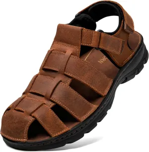 Mens Fisherman Leather Closed Toe Sandals Walking Dress Casual Sandalias Whith Memory Foam Summer Outdoor Athletic Adjustable Comfortable
