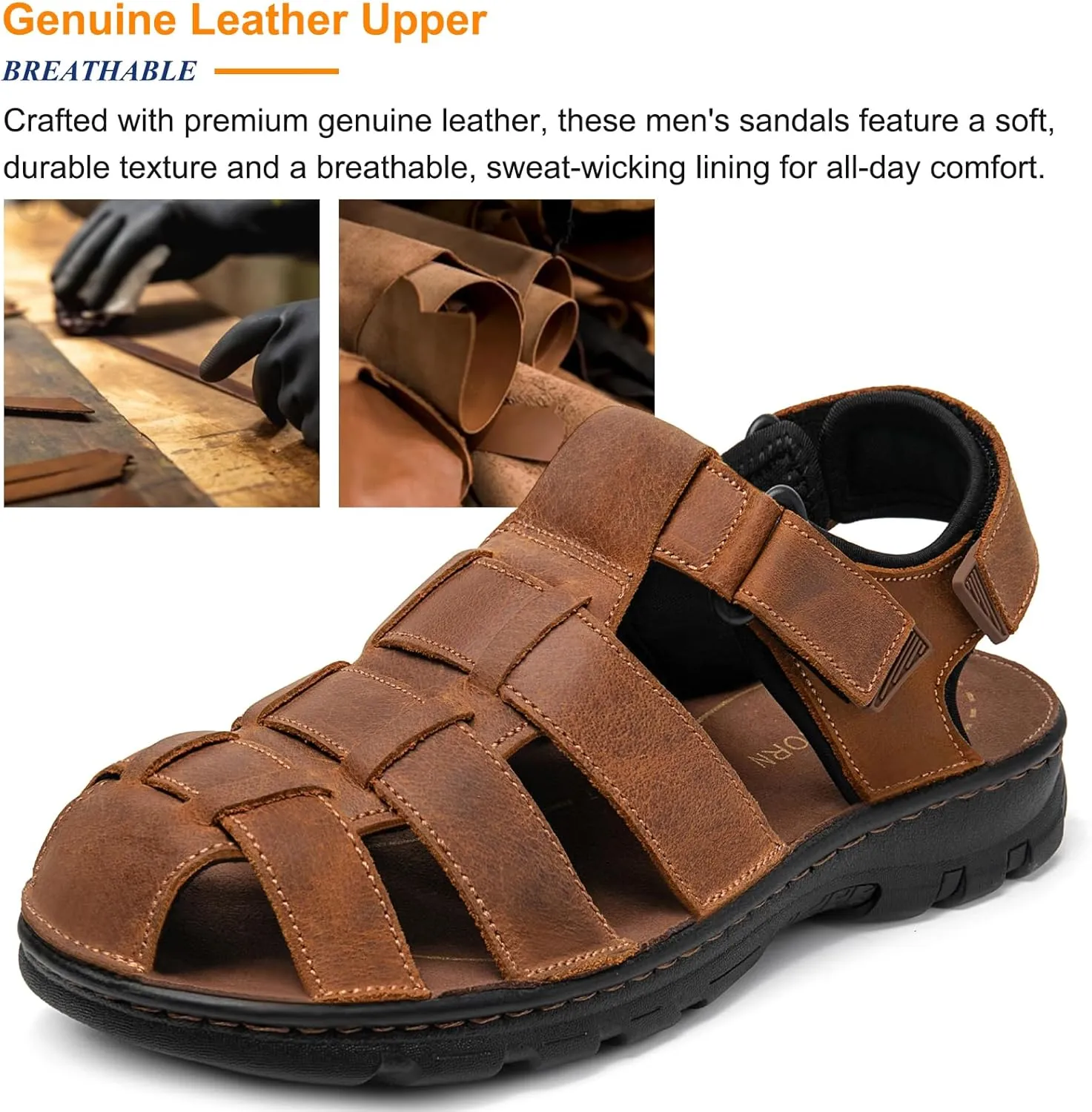 Mens Fisherman Leather Closed Toe Sandals Walking Dress Casual Sandalias Whith Memory Foam Summer Outdoor Athletic Adjustable Comfortable