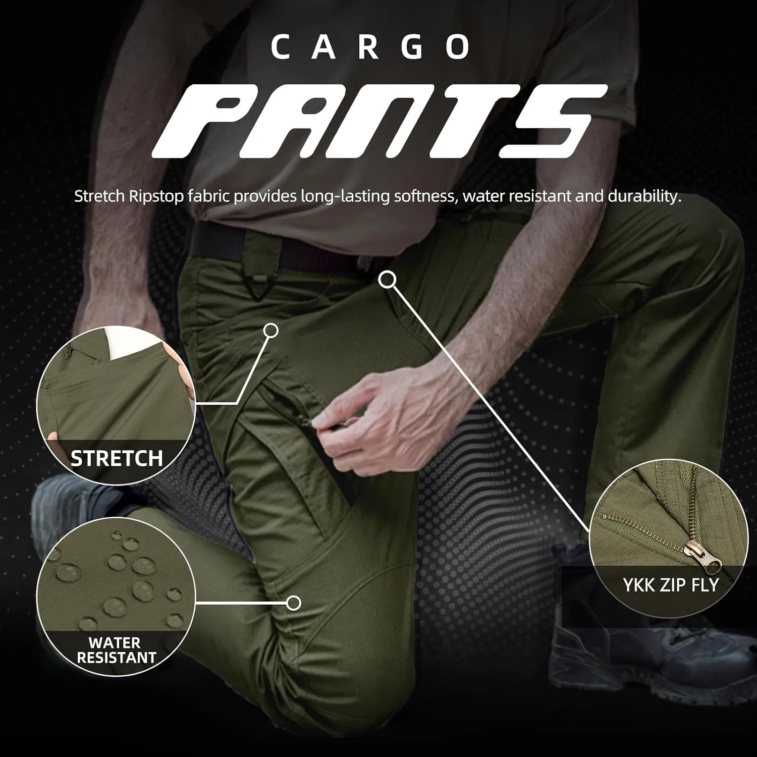 Men's Ripstop Tactical Pants Water Resistant Stretch Cargo Pants Lightweight EDC Hiking Work Pants