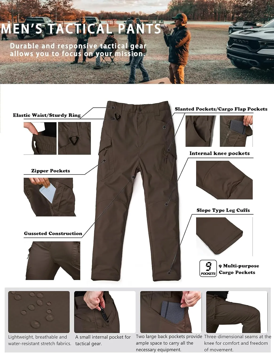 Men's Ripstop Tactical Pants Water Resistant Stretch Cargo Pants Lightweight EDC Hiking Work Pants