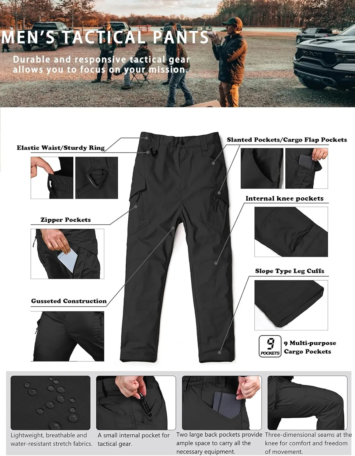 Men's Ripstop Tactical Pants Water Resistant Stretch Cargo Pants Lightweight EDC Hiking Work Pants
