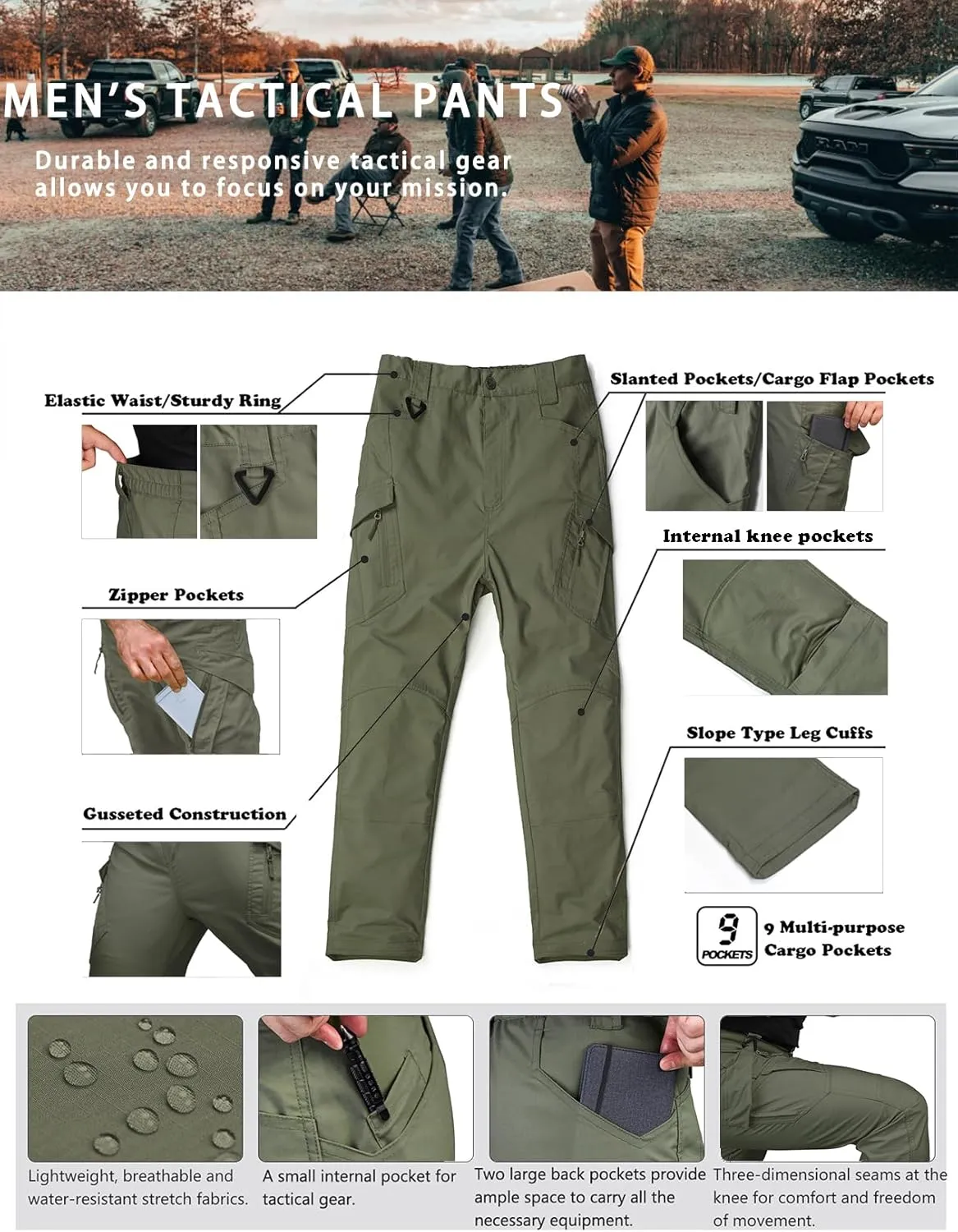 Men's Ripstop Tactical Pants Water Resistant Stretch Cargo Pants Lightweight EDC Hiking Work Pants