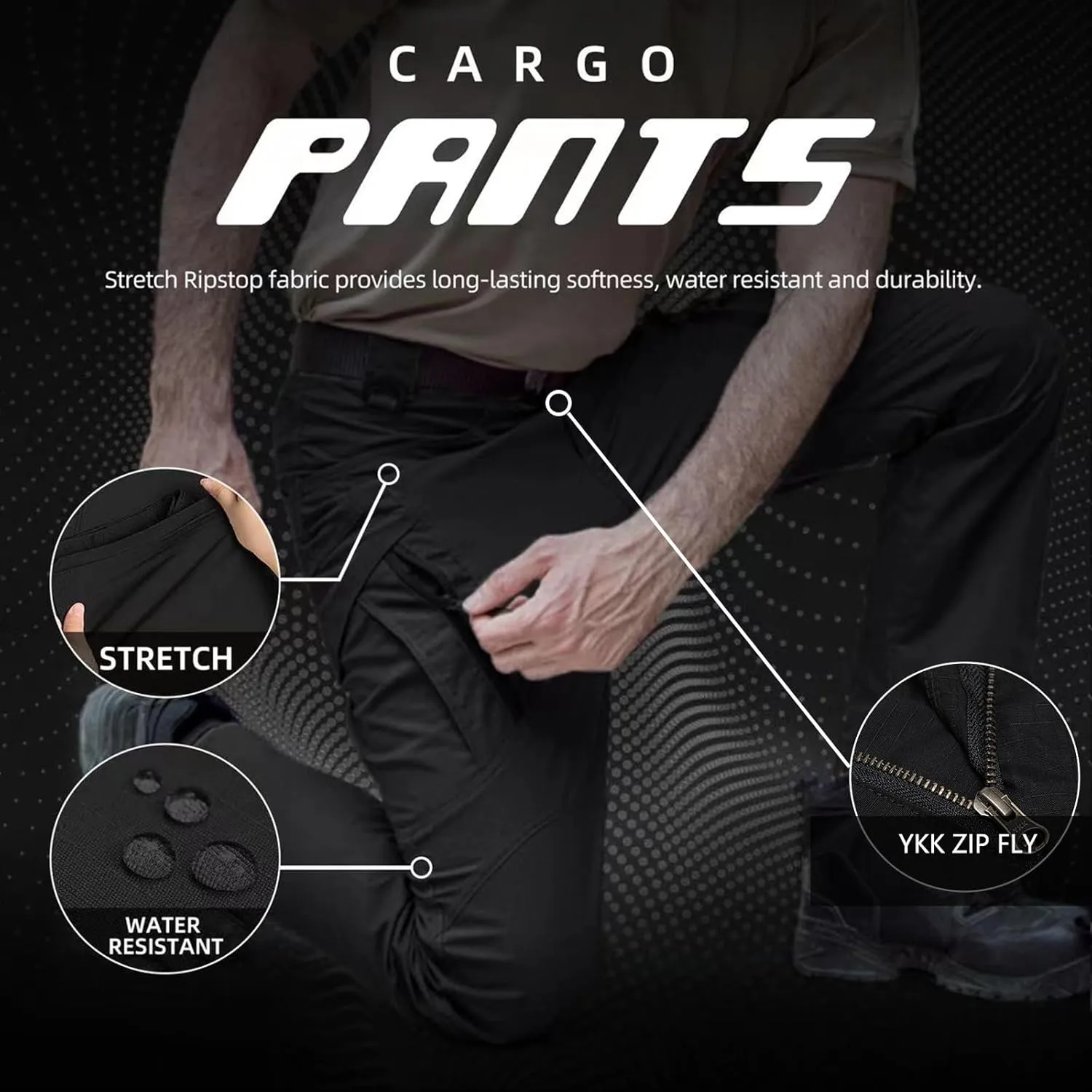 Men's Ripstop Tactical Pants Water Resistant Stretch Cargo Pants Lightweight EDC Hiking Work Pants