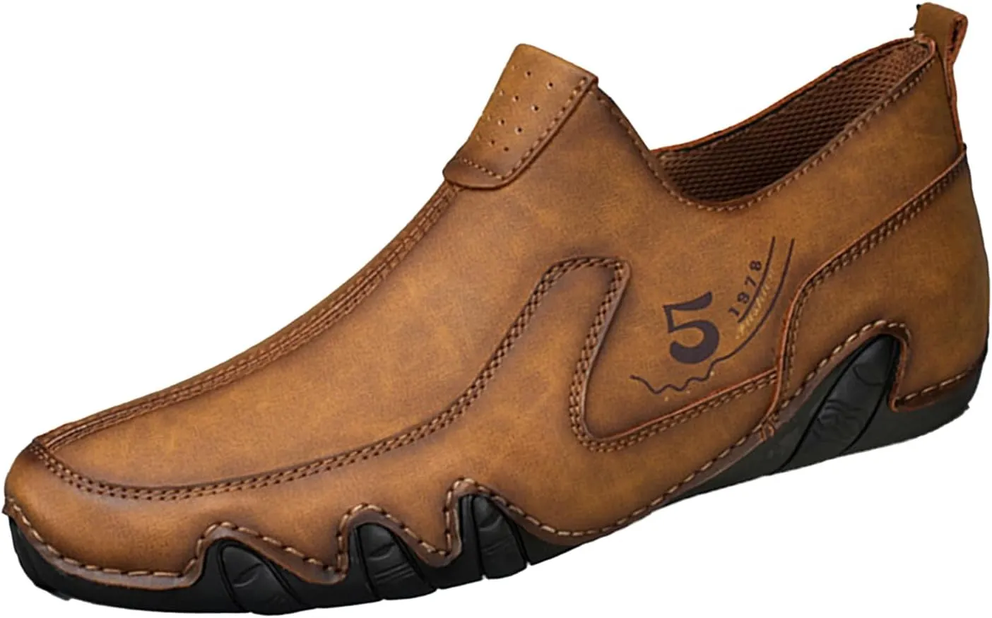 Men's Vintage Leather Moccasins Slip-On Loafers,Comfortable Non-Slip Side Zip Breathable Walking Driving Shoes,Outdoor Lightweight Casual Sneakers