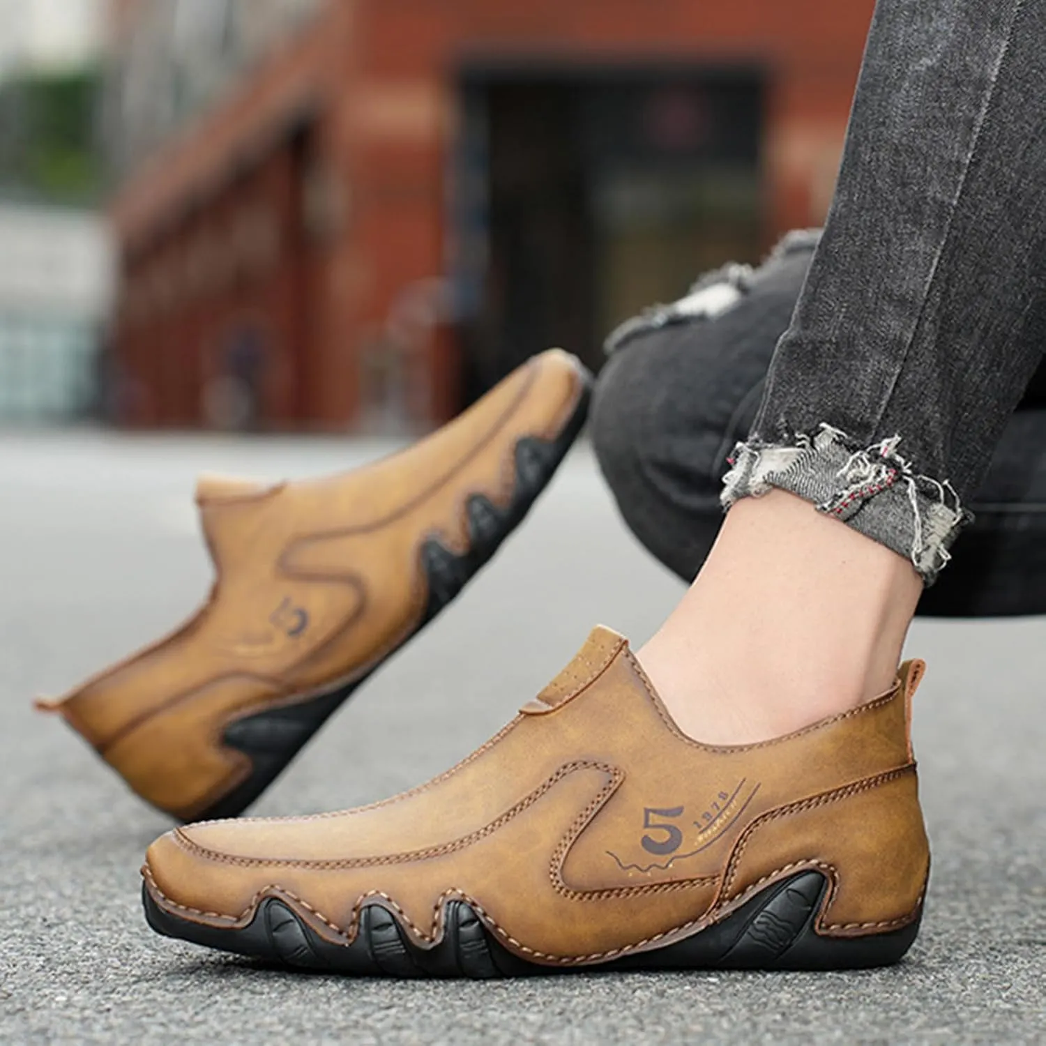 Men's Vintage Leather Moccasins Slip-On Loafers,Comfortable Non-Slip Side Zip Breathable Walking Driving Shoes,Outdoor Lightweight Casual Sneakers