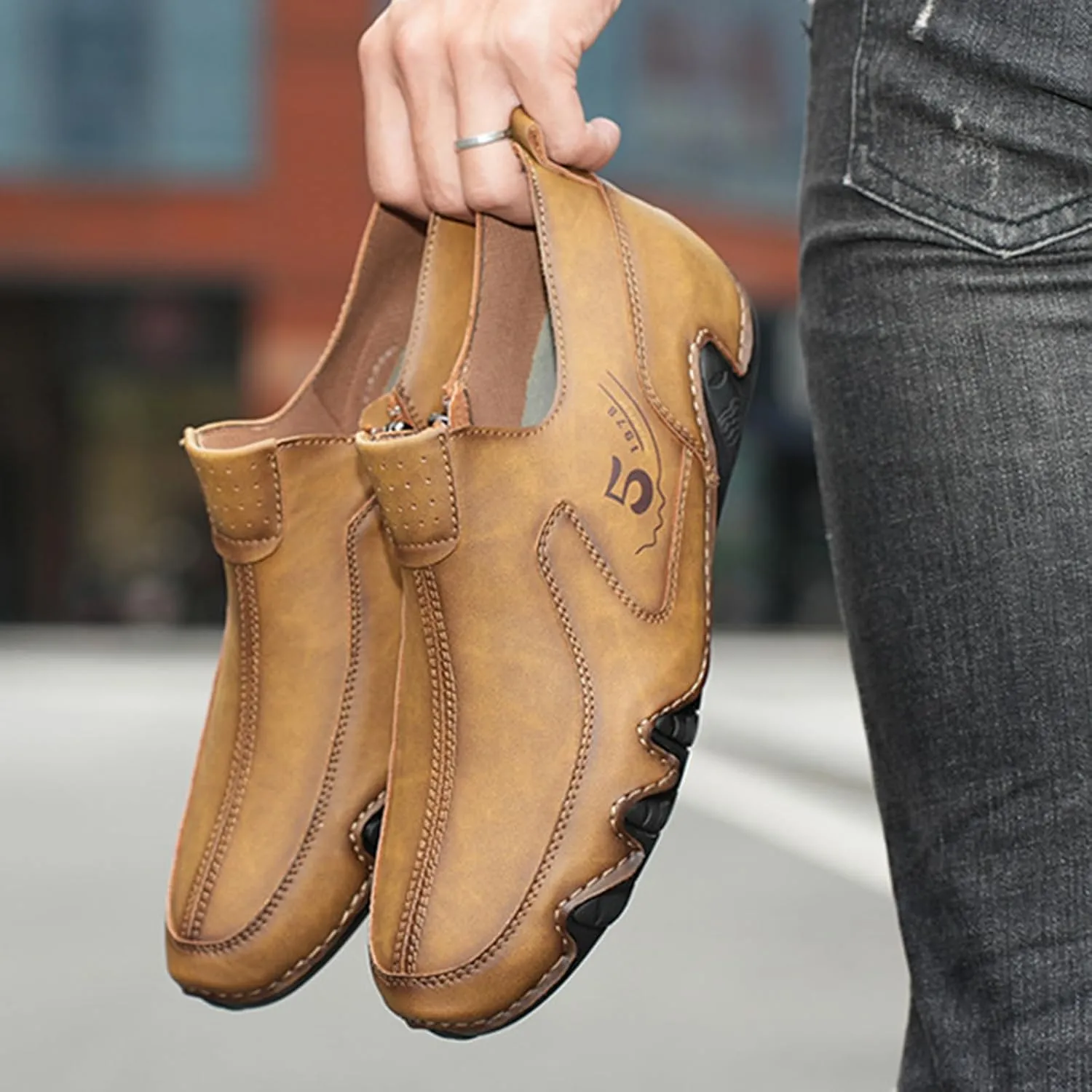 Men's Vintage Leather Moccasins Slip-On Loafers,Comfortable Non-Slip Side Zip Breathable Walking Driving Shoes,Outdoor Lightweight Casual Sneakers