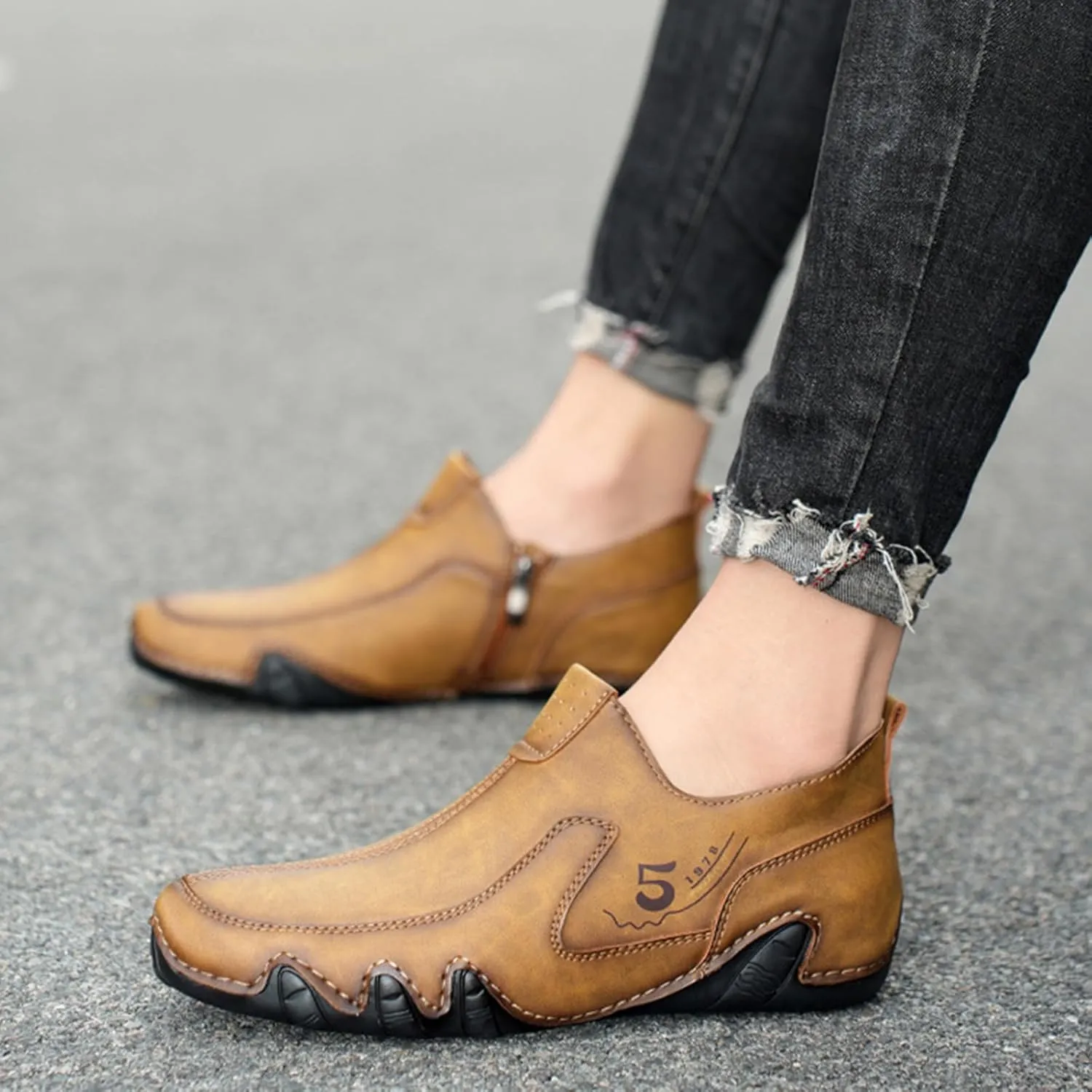 Men's Vintage Leather Moccasins Slip-On Loafers,Comfortable Non-Slip Side Zip Breathable Walking Driving Shoes,Outdoor Lightweight Casual Sneakers