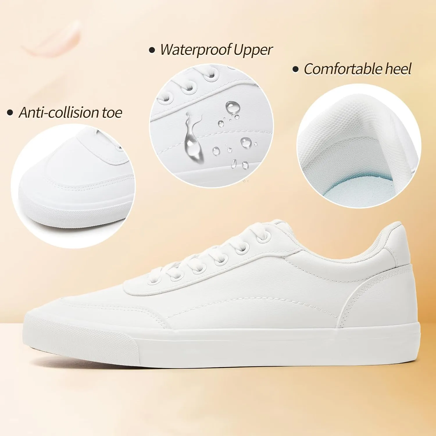 Men's White Low Top Sneaker Classic Casual Sneakers for Men Comfortable PU Leather Tennis Shoes