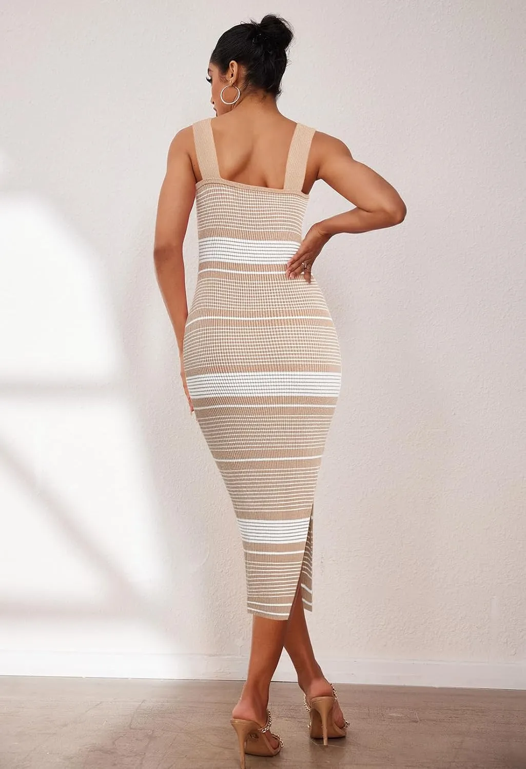 MEROKEETY Women's 2025 Summer Spring Bodycon Midi Dress Vacation Sleeveless Ribbed Knit Striped Party Sweater Dresses