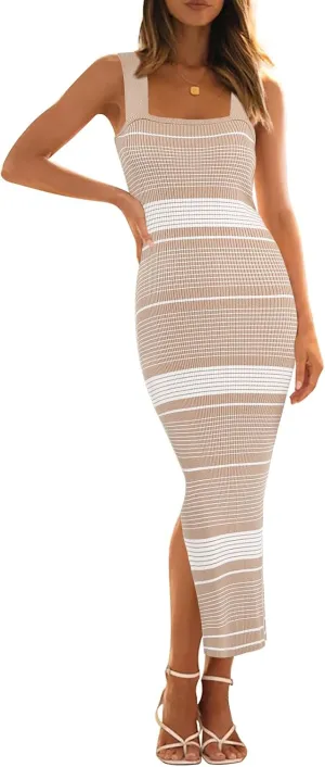 MEROKEETY Women's 2025 Summer Spring Bodycon Midi Dress Vacation Sleeveless Ribbed Knit Striped Party Sweater Dresses