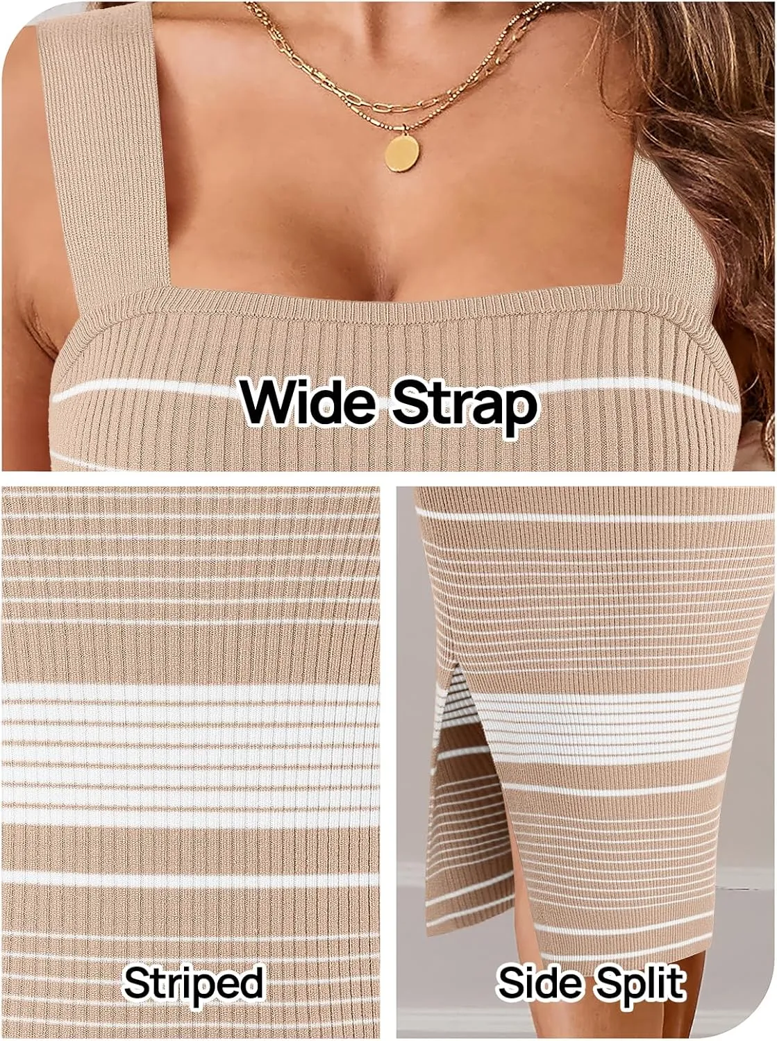 MEROKEETY Women's 2025 Summer Spring Bodycon Midi Dress Vacation Sleeveless Ribbed Knit Striped Party Sweater Dresses