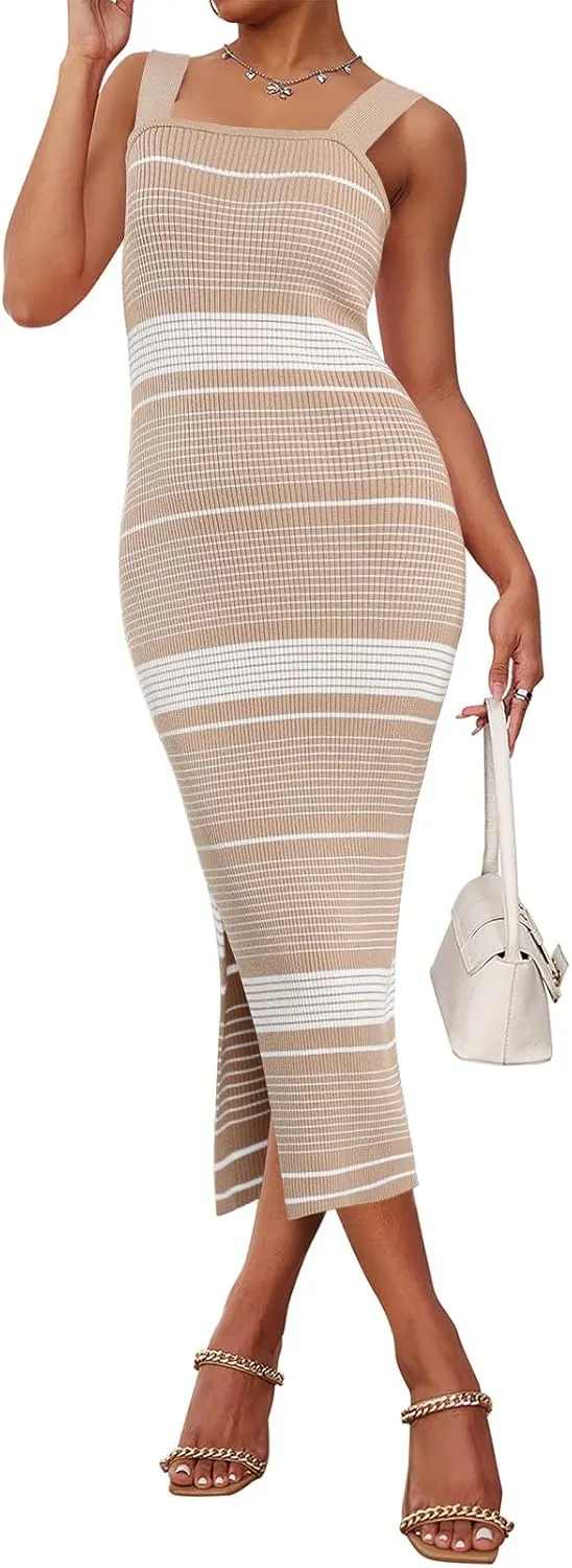 MEROKEETY Women's 2025 Summer Spring Bodycon Midi Dress Vacation Sleeveless Ribbed Knit Striped Party Sweater Dresses
